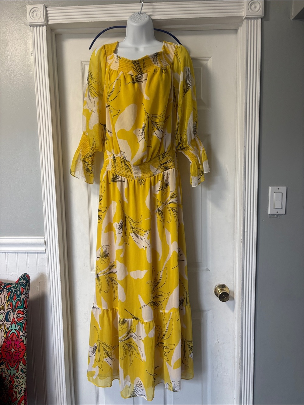 Chicos Off Shoulder Chiffon Maxi Dress Smocked Tiered Yellow Floral Tropical 12